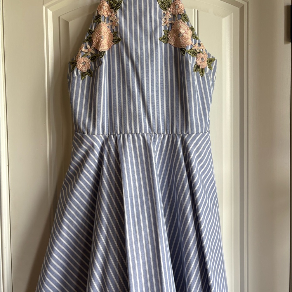 Jodi Kristopher Embellished Blue and White Halter Dress